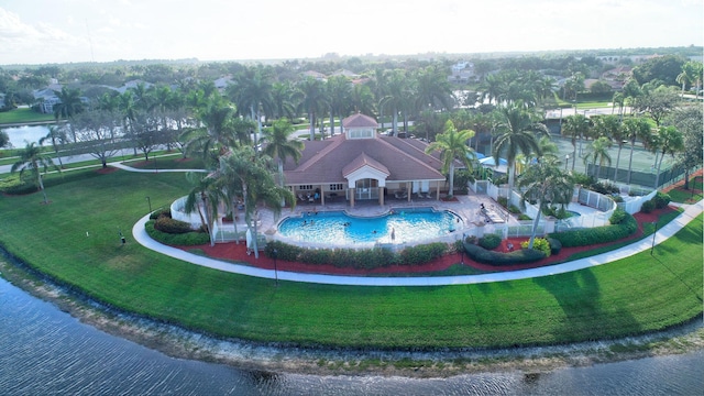 drone / aerial view featuring a water view