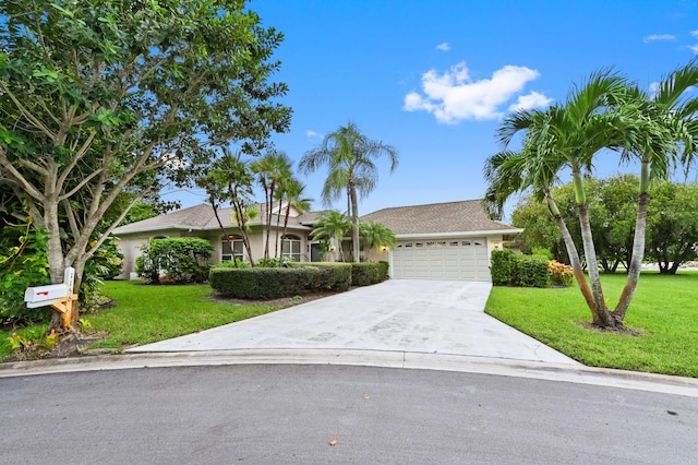 single story home with a garage and a front yard