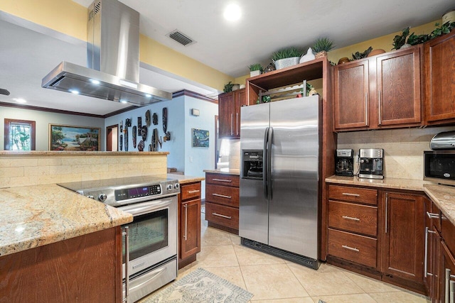 kitchen featuring appliances with stainless steel finishes, tasteful backsplash, light stone countertops, ventilation hood, and ornamental molding