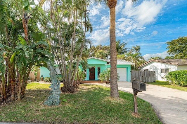 view of front facade with an attached garage, driveway, a front lawn, and fence