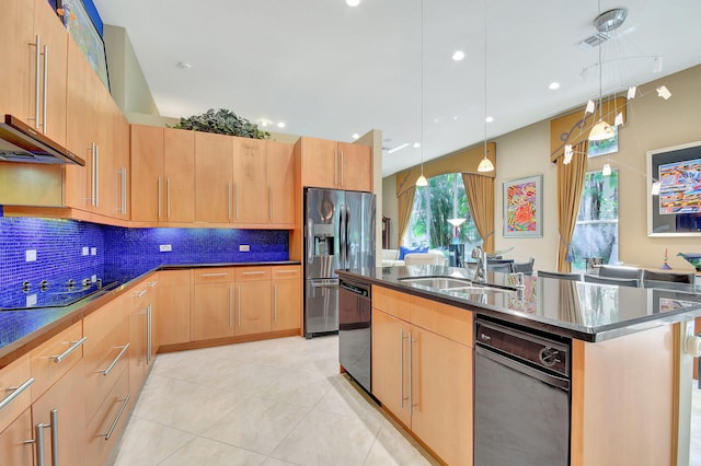 kitchen with a kitchen island with sink, hanging light fixtures, decorative backsplash, appliances with stainless steel finishes, and light tile patterned floors