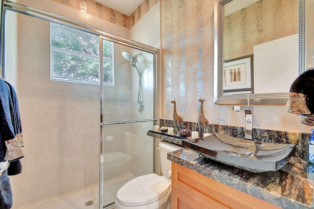 bathroom featuring a shower with door, vanity, and toilet