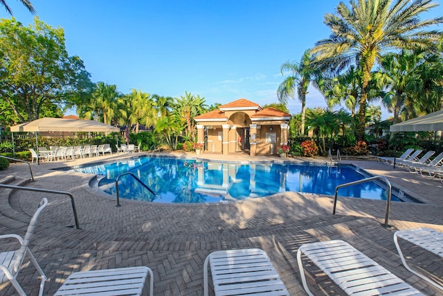 view of swimming pool with a patio