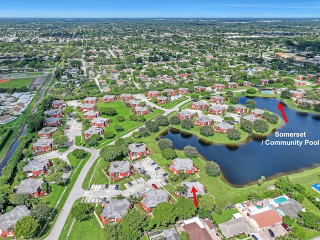 drone / aerial view with a water view