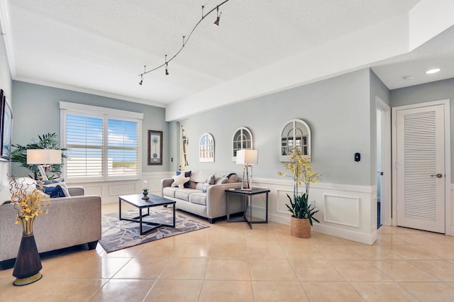 tiled living room with a textured ceiling