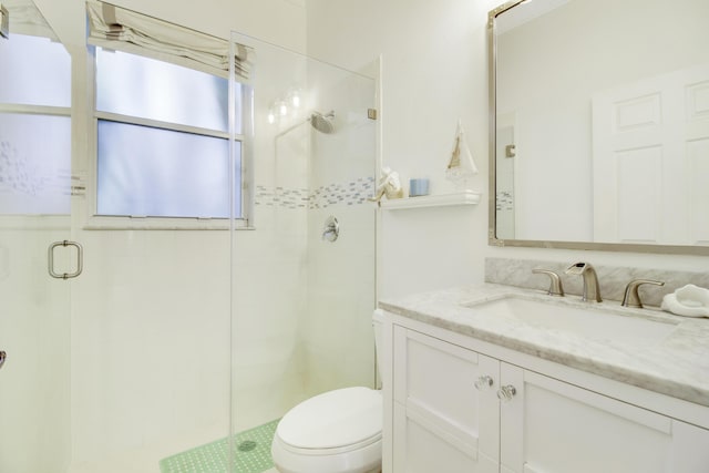 bathroom with vanity, an enclosed shower, and toilet