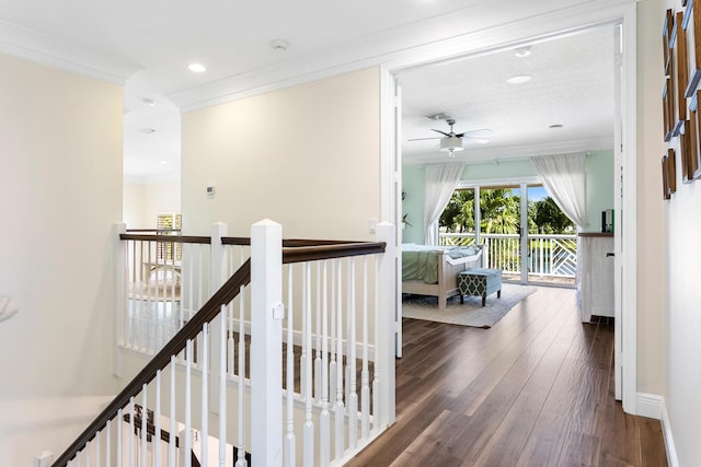 corridor featuring dark wood-type flooring and ornamental molding