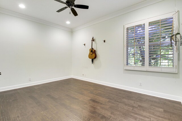 bedroom with access to exterior, crown molding, wood-type flooring, and ceiling fan