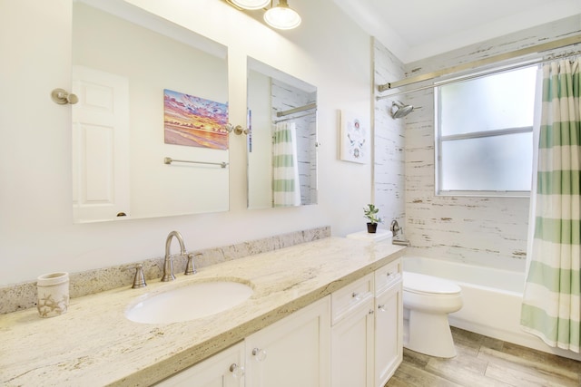 full bathroom featuring vanity, toilet, and shower / tub combo with curtain