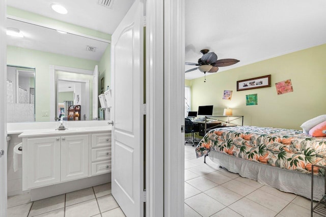 bedroom featuring ceiling fan and light tile patterned floors