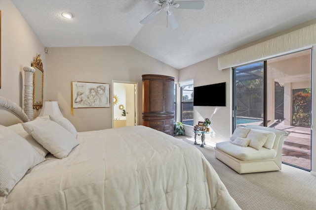 bedroom featuring carpet, ceiling fan, vaulted ceiling, access to outside, and a textured ceiling