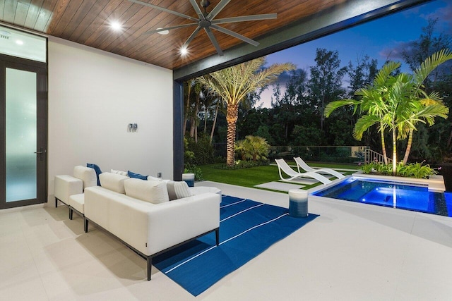 exterior space featuring an outdoor hangout area, ceiling fan, and a hot tub