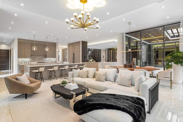 living room featuring a notable chandelier