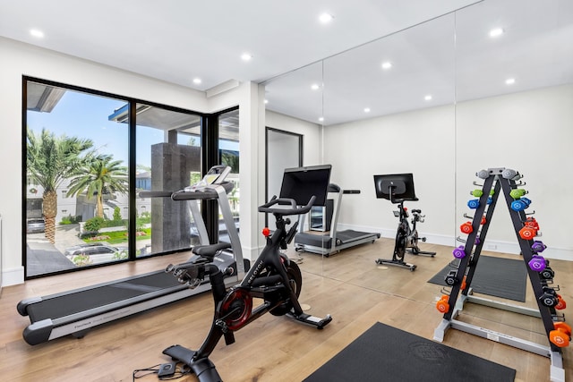 exercise area with a healthy amount of sunlight and wood-type flooring