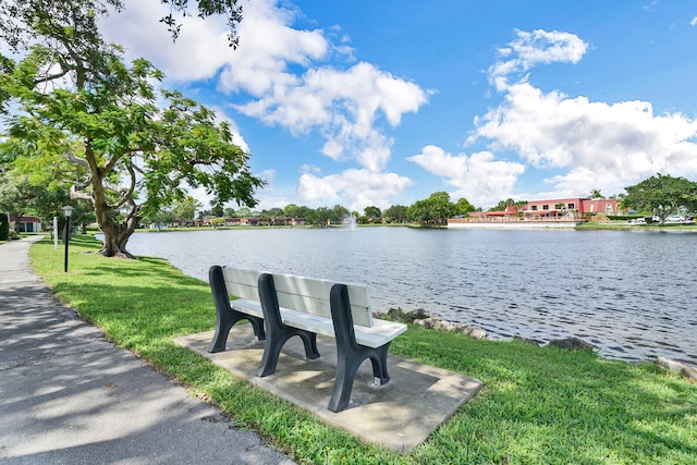 dock area featuring a lawn and a water view