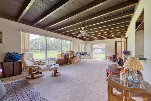 living room featuring beam ceiling, ceiling fan, carpet, and wood ceiling