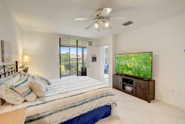 bedroom featuring light tile patterned floors, access to outside, and ceiling fan