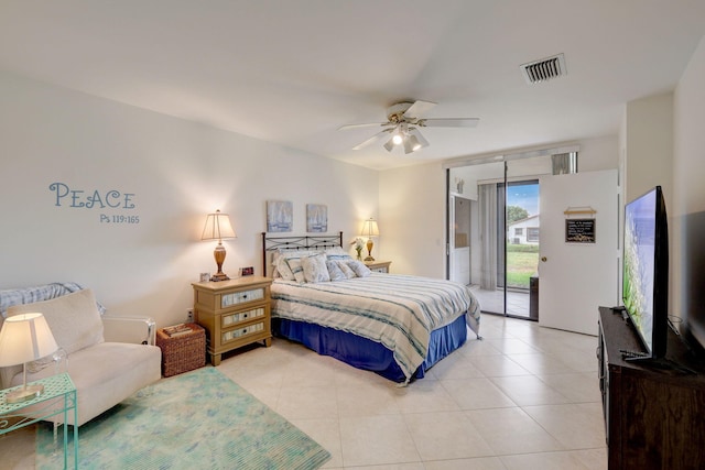 bedroom with access to outside, ceiling fan, and light tile patterned floors