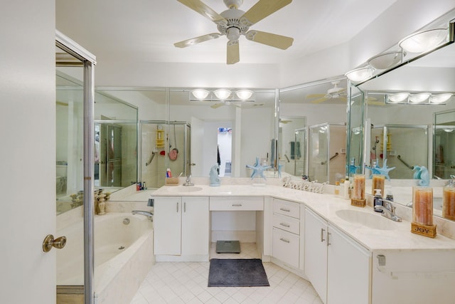 bathroom featuring vanity, tile patterned floors, independent shower and bath, and ceiling fan