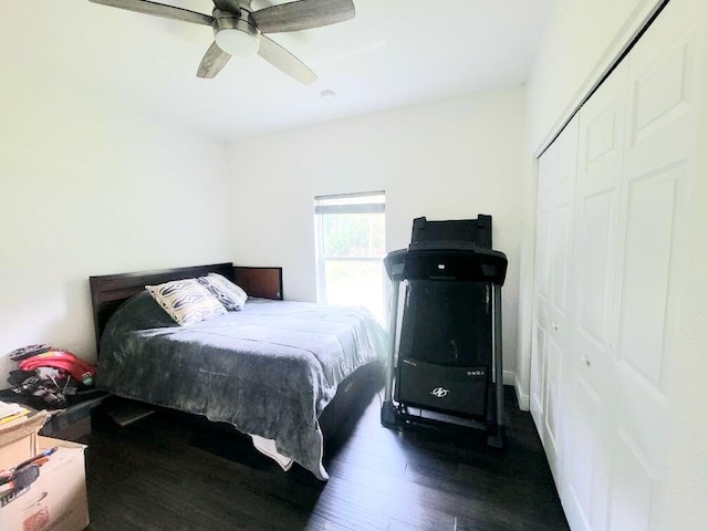 bedroom featuring a closet, dark wood-style flooring, and ceiling fan