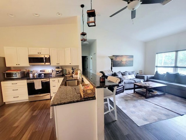 kitchen featuring stainless steel appliances, a peninsula, a sink, open floor plan, and decorative light fixtures