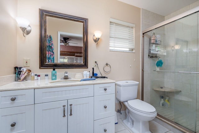 bathroom with walk in shower, vanity, toilet, and tile patterned floors