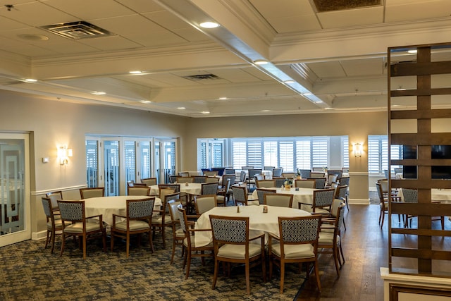 dining space featuring coffered ceiling, beamed ceiling, crown molding, and dark wood-type flooring