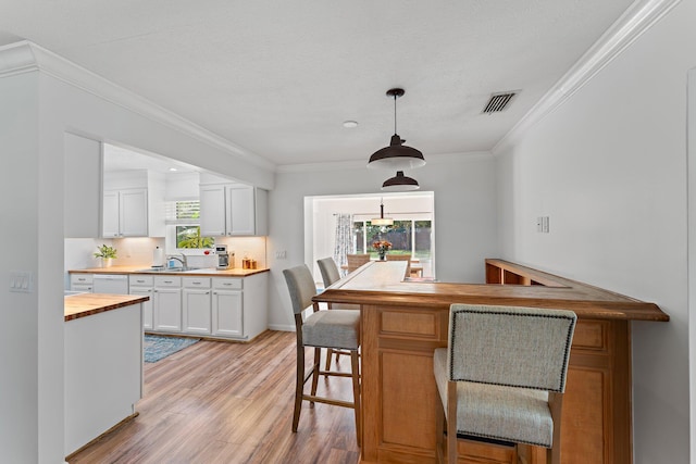 interior space with ornamental molding, a wealth of natural light, sink, and light hardwood / wood-style floors