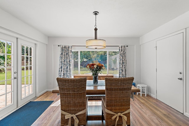 dining room featuring french doors and light hardwood / wood-style floors