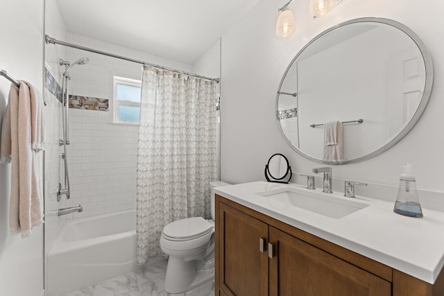 full bathroom featuring toilet, vanity, and shower / bath combination with curtain