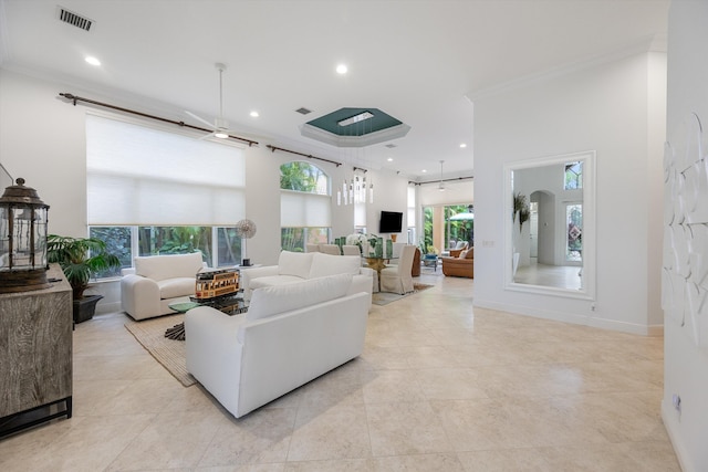 living room with crown molding