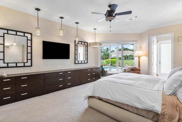 bedroom with access to exterior, crown molding, a textured ceiling, and carpet floors