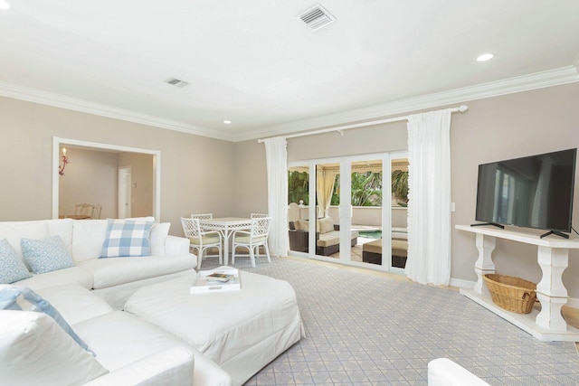 living room featuring light carpet, ornamental molding, and french doors