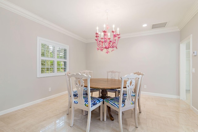 dining area with ornamental molding and a notable chandelier