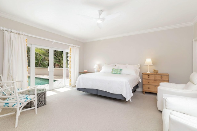 bedroom with ornamental molding, carpet, access to exterior, ceiling fan, and french doors