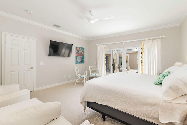 carpeted bedroom with ornamental molding, access to exterior, and ceiling fan