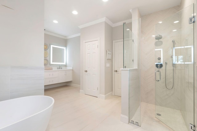 bathroom featuring vanity, crown molding, and plus walk in shower