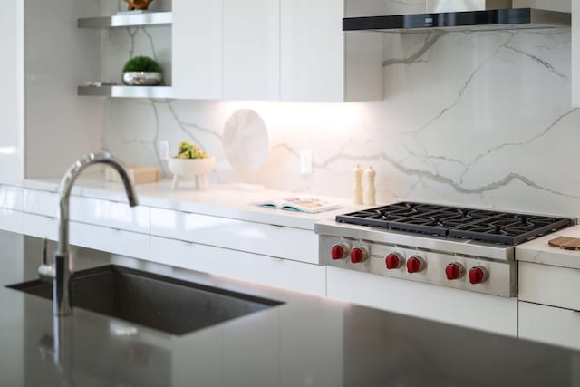 kitchen with sink, decorative backsplash, exhaust hood, and white cabinets