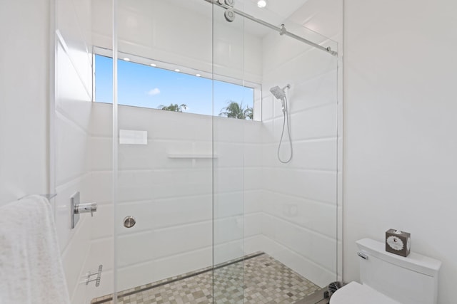 bathroom with a shower with shower door and toilet