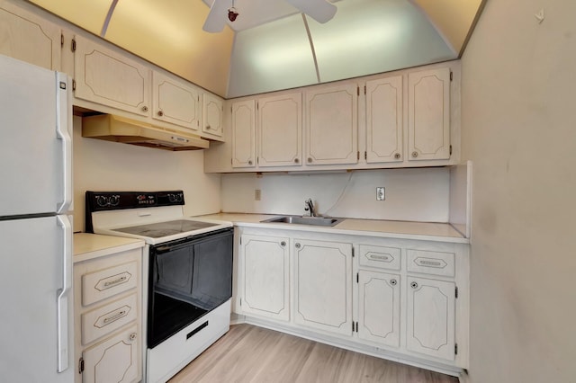 kitchen with white appliances, under cabinet range hood, a sink, and light countertops