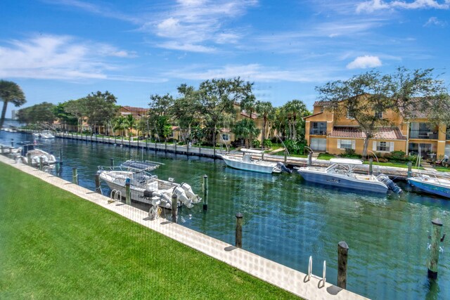 dock area featuring a water view and a yard