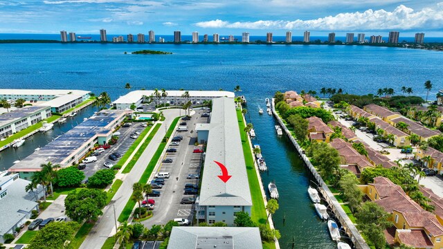 aerial view featuring a water view