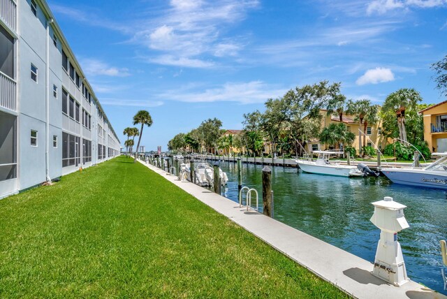 view of dock featuring a water view and a yard