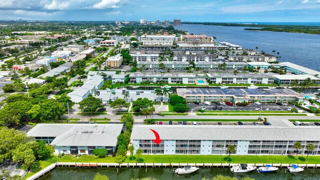 drone / aerial view featuring a water view