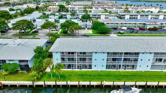 bird's eye view with a water view