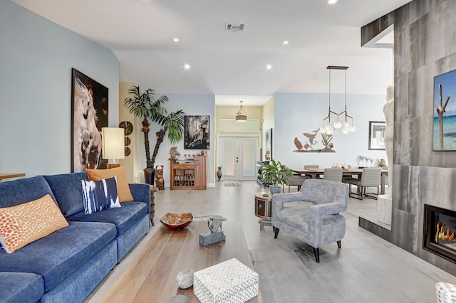 2951 San Remo Way, Delray Beach, FL 33445 - living area with lofted ceiling, a large fireplace, and recessed lighting