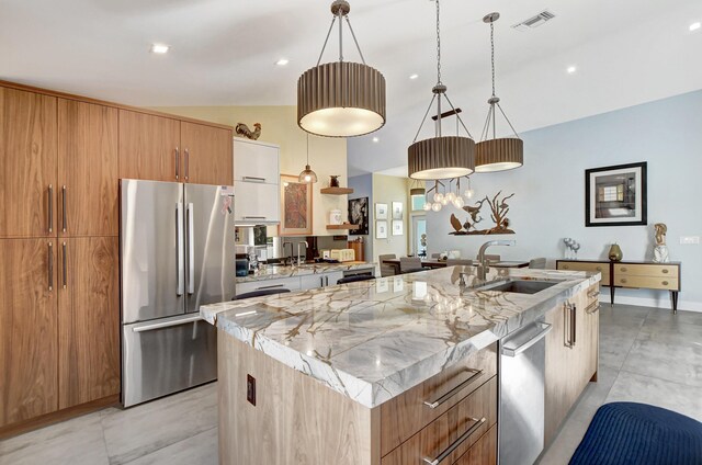 2951 San Remo Way, Delray Beach, FL 33445 - kitchen featuring appliances with stainless steel finishes, a sink, a kitchen island with sink, open shelves, and decorative light fixtures