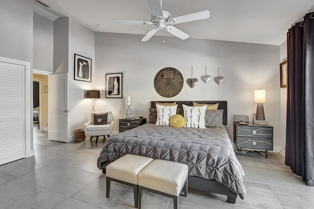 2951 San Remo Way, Delray Beach, FL 33445 - bedroom with high vaulted ceiling, a ceiling fan, and baseboards