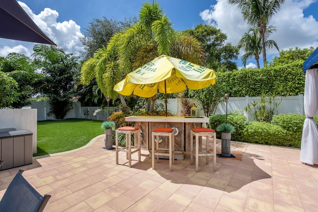 view of patio / terrace featuring a fenced backyard and outdoor dry bar