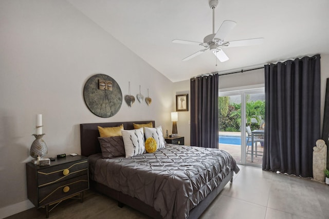 tiled bedroom featuring vaulted ceiling, a ceiling fan, and access to outside